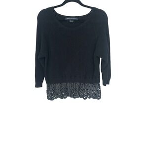 French Connection Black Sweater XS Pullover‎ Knit Crochet Trim Elegant